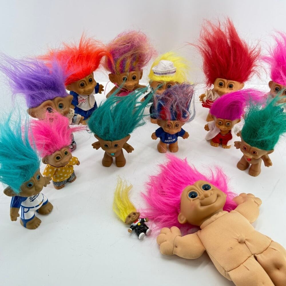 Vintage Troll Doll Lot Bingo Good Luck Russ Colorful Hair Rubber Collectible Toy